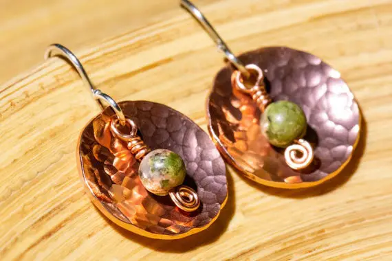 Handmade Copper And Unakite Earrings With Spiral Detail, Hammer Textured Copper Earrings Gemstone Earrings Green And Copper Celtic Spiral
