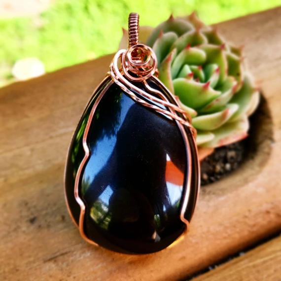 Handmade Copper Wire Wrapped Rainbow Obsidian Pendant