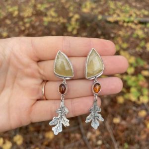 Handmade Sterling Silver Oak Leaf Fall Statement Earrings | Amber & Orange Calcite | | Natural genuine Orange Calcite earrings. Buy crystal jewelry, handmade handcrafted artisan jewelry for women.  Unique handmade gift ideas. #jewelry #beadedearrings #beadedjewelry #gift #shopping #handmadejewelry #fashion #style #product #earrings #affiliate #ad