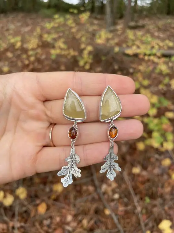Handmade Sterling Silver Oak Leaf Fall Statement Earrings | Amber & Orange Calcite |