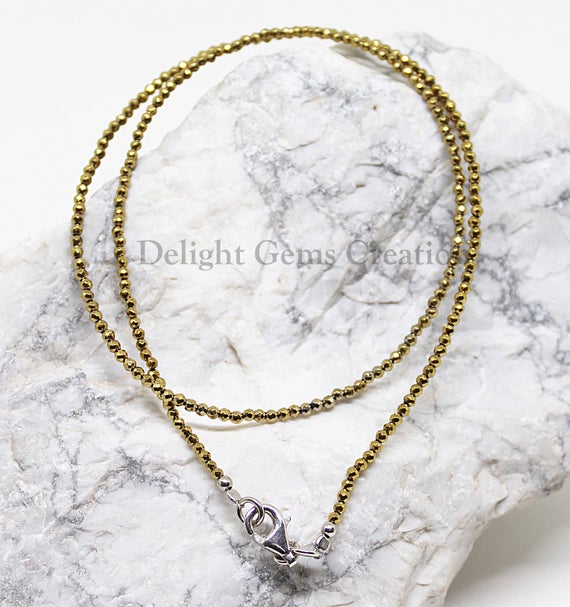 Hematite Beaded Necklace, 2mm Golden Hematite Necklace, Natural Hematite Micro Faceted Round Beads Necklace, Semi Precious 18 Inch Necklace