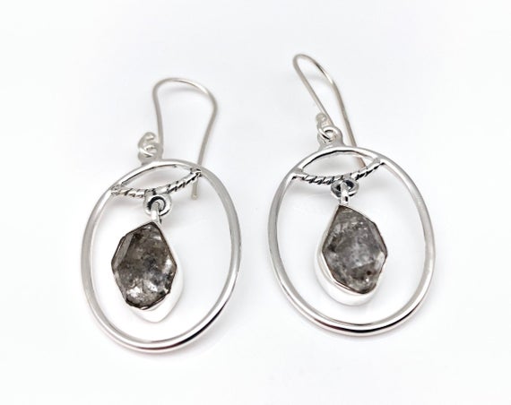 Herkimer Diamond Silver Earrings // Organic Oval Dangly Setting // 925 Sterling Silver