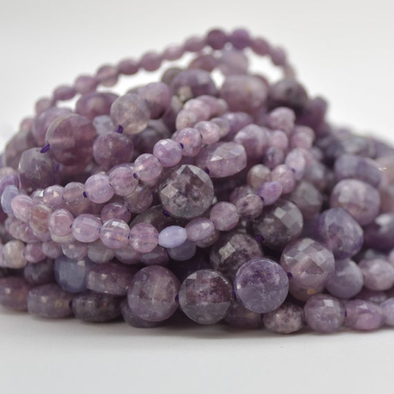 Natural Lepidolite Semi-precious Gemstone Faceted Coin Disc Beads - 4mm, 6mm & 8mm  Sizes - 15" Strand
