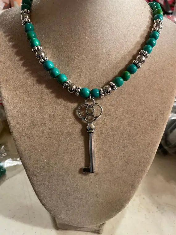 Green Necklace - Howlite Gemstone Jewellery - Silver Key Pendant - Beaded Jewelry - Long