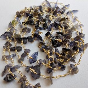 Shop Iolite Chip & Nugget Beads! 4-5mm Iolite Chips in 925 Silver Gold Wire Wrapped Rosary Style Chain, Iolite Beaded Chain, Iolite Chip Necklace (1 Foot To 5 Feet Options) | Natural genuine chip Iolite beads for beading and jewelry making.  #jewelry #beads #beadedjewelry #diyjewelry #jewelrymaking #beadstore #beading #affiliate #ad