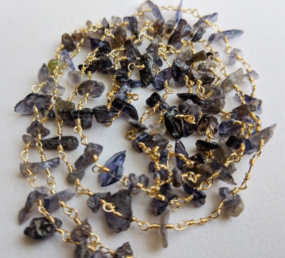 4-5mm Iolite Chips In 925 Silver Gold Wire Wrapped Rosary Style Chain, Iolite Beaded Chain, Iolite Chip Necklace (1 Foot To 5 Feet Options)