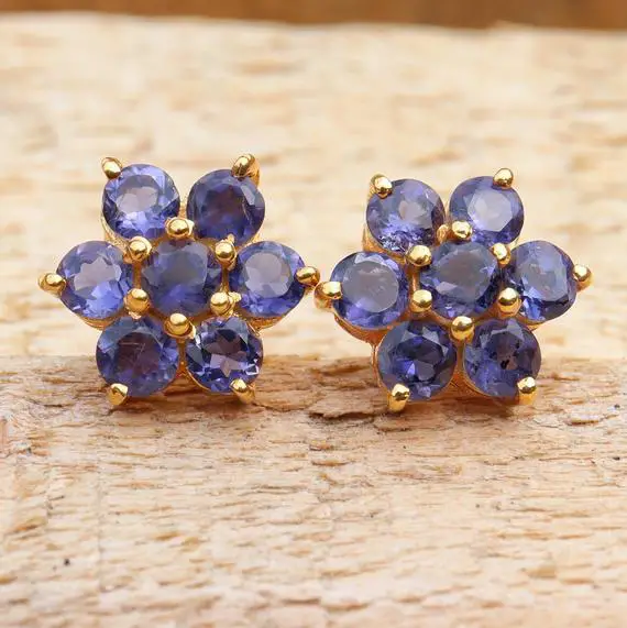 Flower Iolite Earrings, Stud Earrings, Dainty Floral Earrings, 18k Gold Plated Silver, Art Deco Botanical Earrings, September Birthstone