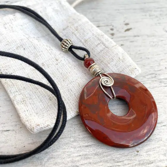 Poppy Jasper Pi Pendant, Large Red Donut On Black Vegan Leather Cord, Natural Gemstone, Adjustable Length.