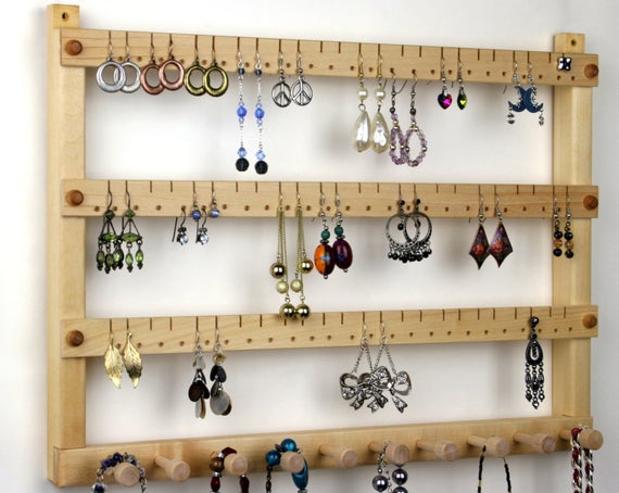Basswood Wall Mount | Jewelry Organizer, Holds 72 Pairs Of Earrings With 10 Pegs Basswood Wall Mount | Jewelry Organizer, Holds 72 Pairs Of Earrings With 10 Pegs
