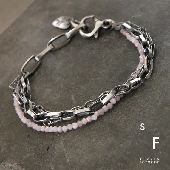 Pink Kunzite And Oxidized Sterling Silver - Bracelet, Modern Raw Oxidized Silver Bracelet - Studioformood, Chain Bracelet