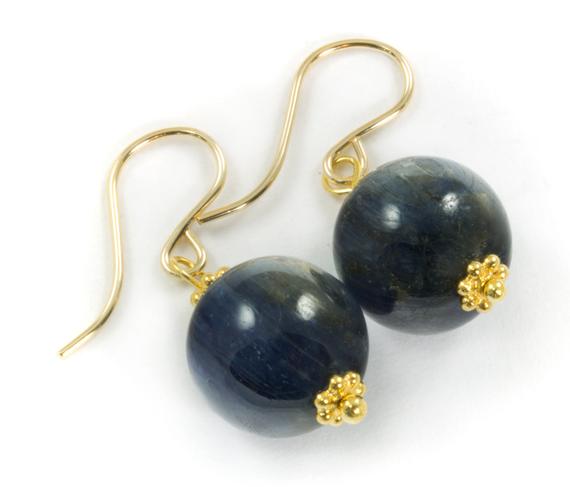 Kyanite Earrings High Quality Smooth Round Rich Blue 14k Solid Yellow Gold Or Filled Or Sterling Silver Natural  Deep Blue Simple Drops