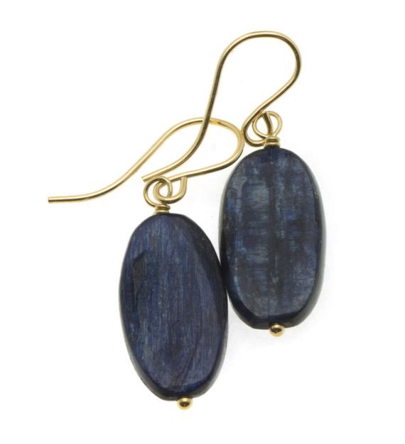 Kyanite Earrings  Rich Blue High Quality Smooth Simple Natural Narrow Oval Drops 14k Solid Gold Or Filled Or Sterling Silver Dark Blue Denim