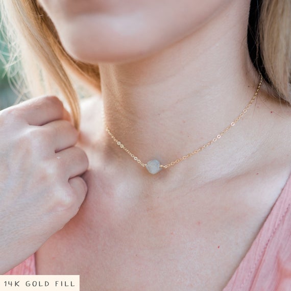 Tiny Raw Grey Labradorite Crystal Nugget Choker Necklace In Gold, Silver, Bronze Or Rose Gold - Adjustable. Handmade To Order.