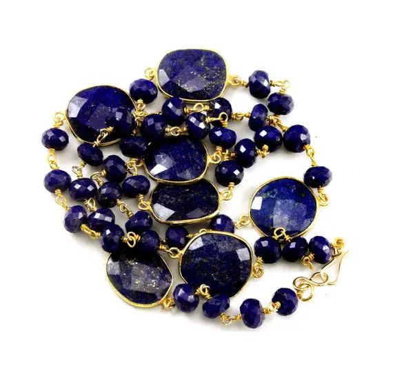 Lapis Lazuli Blue Necklace Natural Faceted Spaced Link  Beaded 14k Gold Fill And Plate 24 Inches Simple Design Bezel Set Chain Pyrite Flecks