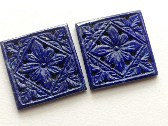 31x31mm Lapis Lazuli Filigree Drilled Hand Carved Matched Pair, Original Lapis Lazuli Carving, Natural Lapis Lazuli Filigree For Jewelry
