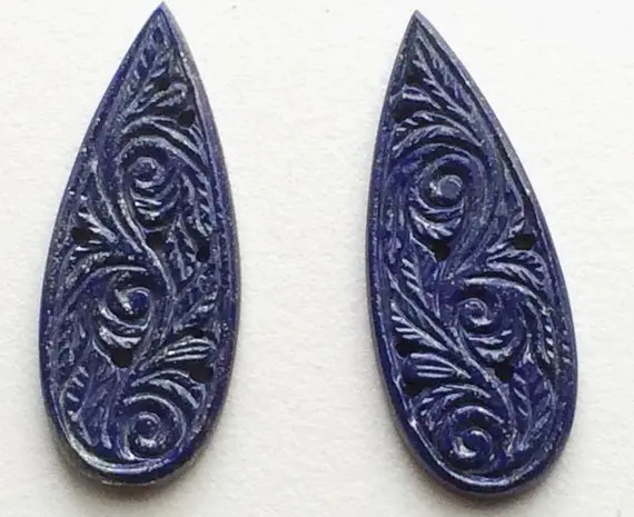 47x18mm Lapis Lazuli Filigree Hand Carved Drilled Matched Pair, Original Lapis Lazuli Carving, Natural Lapis Lazuli For Jewelry