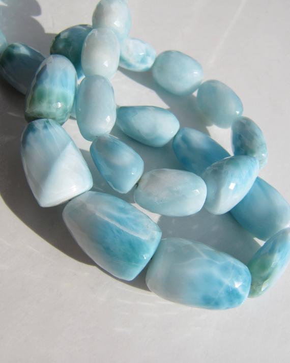 Larimar Ovals Nuggets • Aaa Micro Faceted • 16 Inches • Natural Genuine Dominican • Light Blue With White Marble Pattern