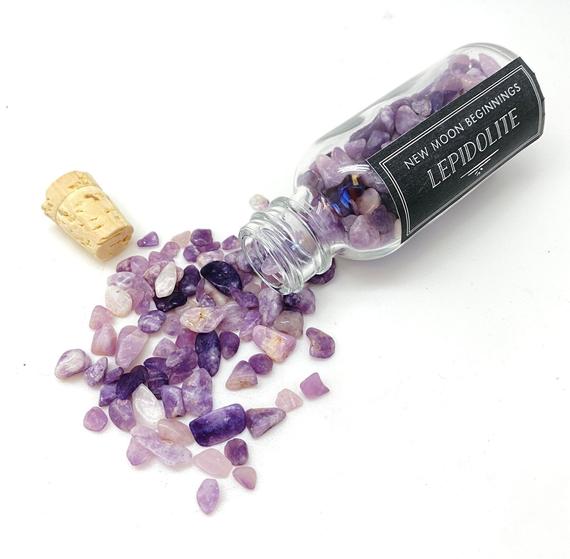 Lepidolite Crystal Bottle - Lepidolite Stone Bottle - Purple Lepidolite Chips - Gemstone Bottle - Purple Lepidolite Gemstone Chips
