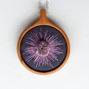Shop Lepidolite Necklaces! Lepidolite necklace with purple hand embroidery in Cherry wood pendant with 28 inch sterling silver chain – crystal gemstone art | Natural genuine Lepidolite necklaces. Buy crystal jewelry, handmade handcrafted artisan jewelry for women.  Unique handmade gift ideas. #jewelry #beadednecklaces #beadedjewelry #gift #shopping #handmadejewelry #fashion #style #product #necklaces #affiliate #ad