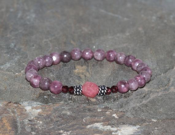 Lepidolite, Rhodonite & Garnet Beaded Bracelet, 6mm Pink Lepidolite, 7x8mm Faceted Pink Rhodonite, 4mm Faceted Garnet, Genuine Natural Beads
