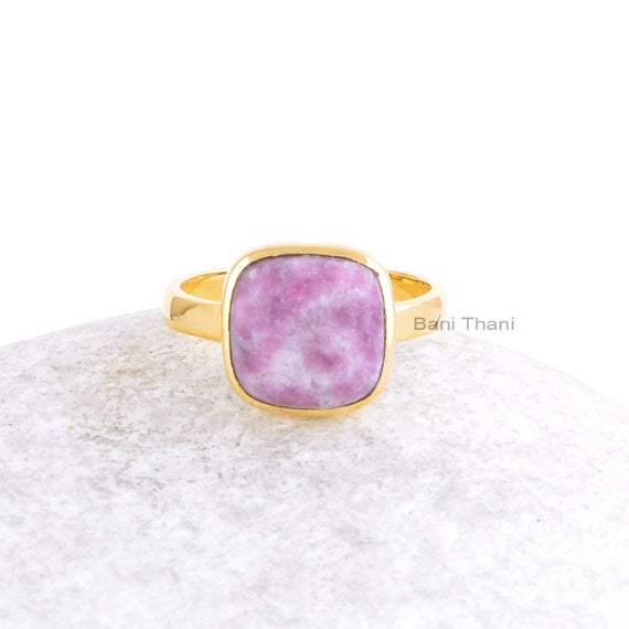 Lepidolite Ring-lepidolite Cushion 10x10mm Gold Plated Sterling Silver Ring-handmade Ring-cushion Ring-unique Gifts For Women