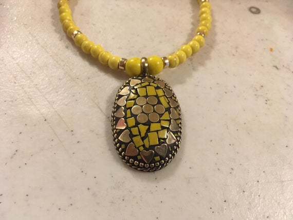Yellow Necklace - Howlite Gemstone Jewelry - Gold Jewellery - Pendant - Long - Fashion