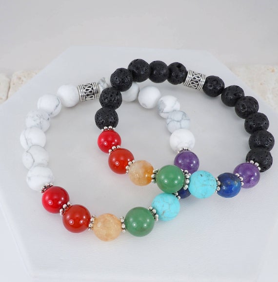 Men's 7 Chakra Bracelet: Genuine Gemstone Beads, Lava Or Howlite