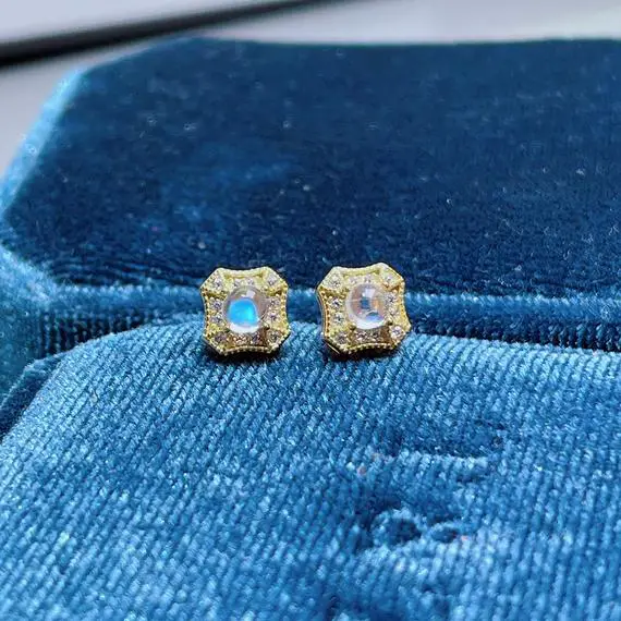 Rainbow Moonstone Earrings, Natural Moonstone, 18k Gold Earrings Stud, Push Back Earrings, June Birthstone, Valentine's Day Gift