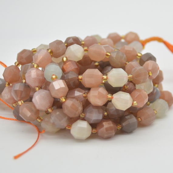 Grade A Natural Peach Moonstone Semi-precious Gemstone Double Tip Faceted Round Beads - 9mm X 10mm - 15" Strand