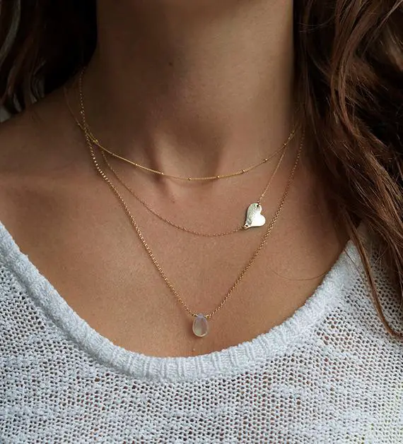 Initial Heart Necklace, Pear Moonstone Necklace, Rose Gold Layered Necklaces, Personalized Heart Disc Necklace