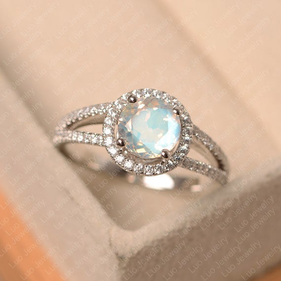 Blue Moonstone Ring, Round Cut, Sterling Silver Engagement Ring, June Birthstone Ring