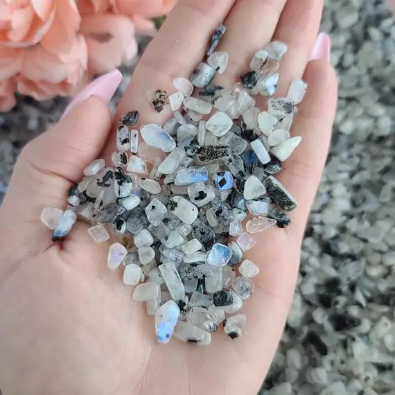 Small Tumbled Rainbow Moonstone Crystal Chips, Bulk Lots Of 4-10 Mm Tiny Gemstones For Jewelry Making, Orgonites Or Crystal Grids