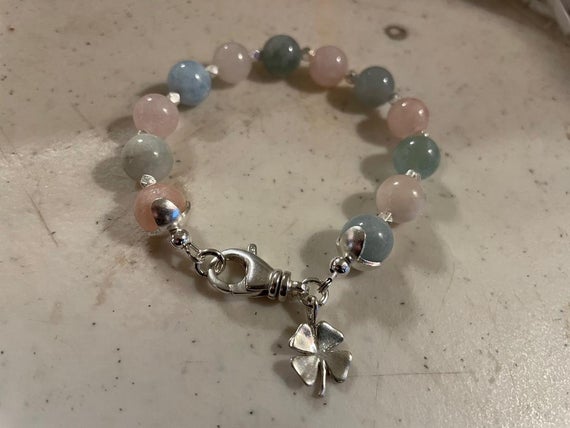 Morganite Bracelet - Pink And Blue Jewellery - Gemstone - Sterling Silver Jewelry - Beaded - Clover Charm