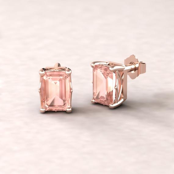 Emerald Cut Morganite Studs, Solitaire Filigree Jewelry, Pushbacks, Lifetime Care Plan Included, Genuine Gems And Diamonds Ls5461