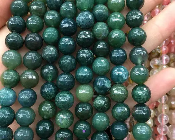 Moss Agate Faceted Beads, Natural Gemstone Beads, Round Stone Beads 4mm 6mm 8mm 10mm 15''