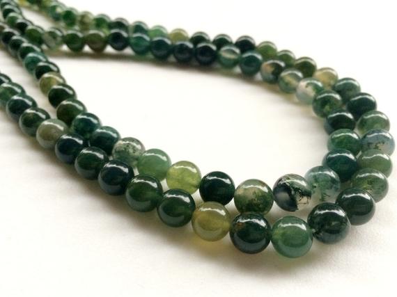 8mm Green Moss Agate Plain Round Beads, Natural Moss Agate Smooth Balls, , 14 In Shaded Moss Agate For Necklace (1strand To 5strand Options)