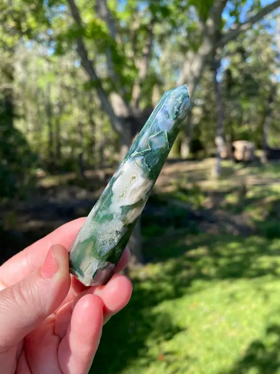Moss Agate Point - Reiki Charged Crystal Generator - Moss Agate Crystal Tower - Connect With Nature Spirits - New Beginnings - #3