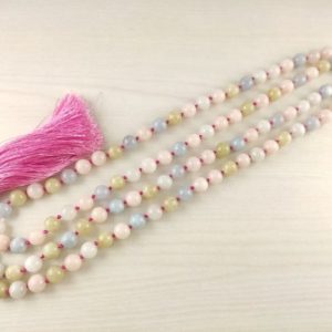 Shop Morganite Necklaces! Multi Morganite Mala, Prayer Necklace, Tibetan Mala, Knotted Mala, Morganite Necklace, 8mm Bead Mala, 108 Bead Morganite Mala, Mantra Mala | Natural genuine Morganite necklaces. Buy crystal jewelry, handmade handcrafted artisan jewelry for women.  Unique handmade gift ideas. #jewelry #beadednecklaces #beadedjewelry #gift #shopping #handmadejewelry #fashion #style #product #necklaces #affiliate #ad