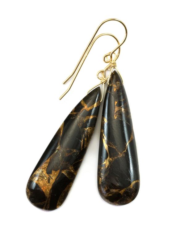 Copper Mosaic Obsidian Earrings Smooth Teardrop Sterling Silver Or 14k Solid Gold Or Filled Black Pear Long Unique Neutral Drops 2 Inch
