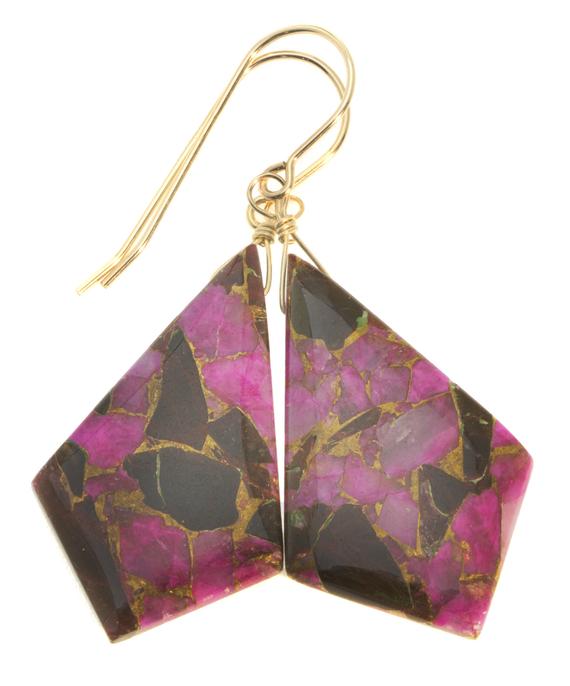 Pink Copper Mosaic Obsidian Earrings Smooth Teardrop  Drops Sterling Silver Or 14k Solid Gold Or Filled Triangle Point Hot Pink Unique