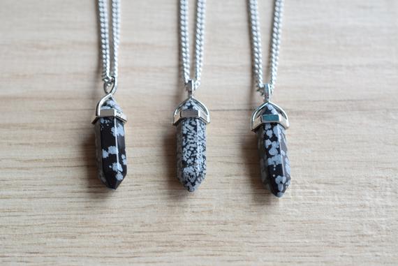 Obsidian Necklace, Crystal Point Healing Necklace, Snowflake Obsidian Crystal Jewelry, Obsidian Crystal Healing