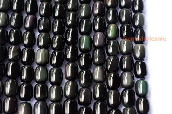 15.5" 8x10mm Natural Rainbow Black Obsidian Drum Barrel Semi Precious Stone Beads Yglo