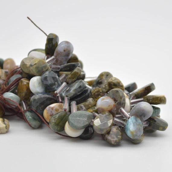 10  Natural Ocean Jasper Semi Precious Gemstone Faceted Teardrop / Pendant Beads - 12mm X 8mm