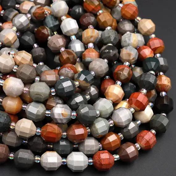 Natural Landscape Ocean Jasper 8mm 10mm Beads Faceted Energy Prism Double Terminated Points 15.5" Strand