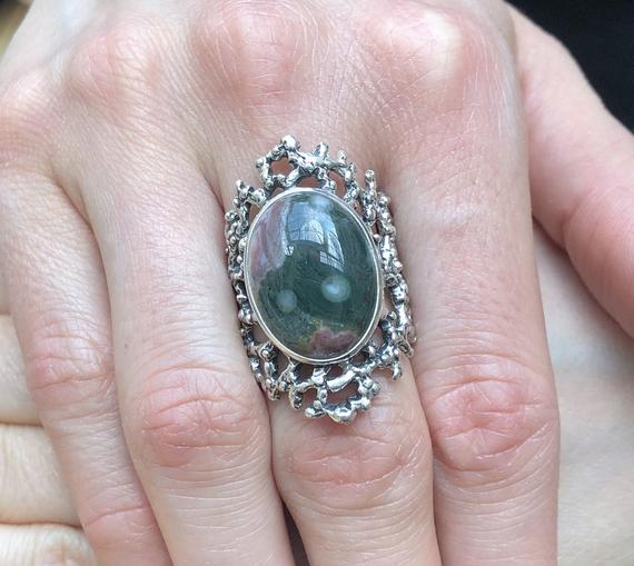 Ocean Jasper Ring, Natural Ocean Jasper, Vintage Ring, Statement Ring, Green Ring, Chunky Ring, Artistic Ring, Large Ring, Solid Silver Ring