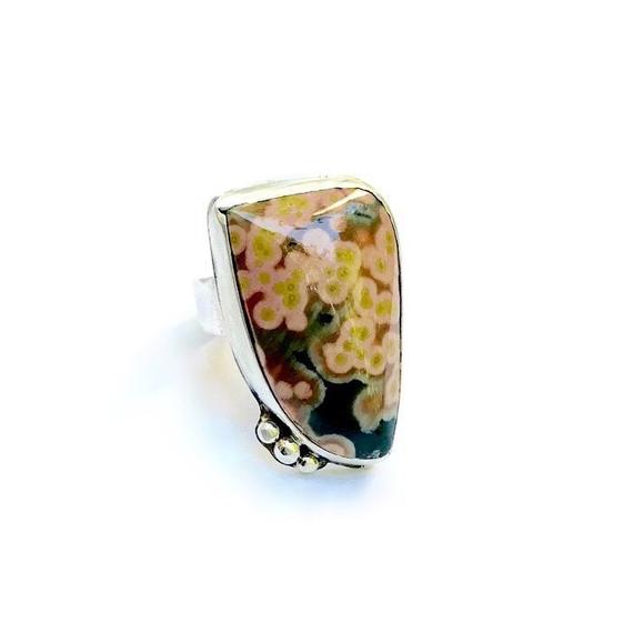 Ocean Jasper Ring, Jasper Ring, Sea Jasper Ring, Sterling Silver Ring With Stone, Gustav Klimt Inspired, Size 4