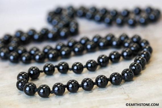 S/ 36" Long Beaded Necklace W/ Black Onyx 6mm Round Beads Knotted Loop Strand Everlasting Classic Black Onyx Necklace