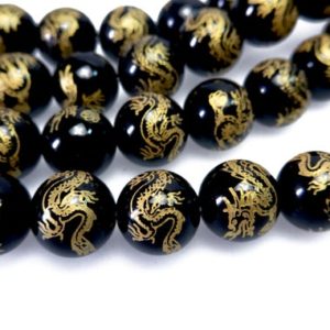 black onyx golden dragon round beads –  onyx gemstone beads – big onyx pattern beads – dragon detail beads – 8inch | Natural genuine beads Gemstone beads for beading and jewelry making.  #jewelry #beads #beadedjewelry #diyjewelry #jewelrymaking #beadstore #beading #affiliate #ad