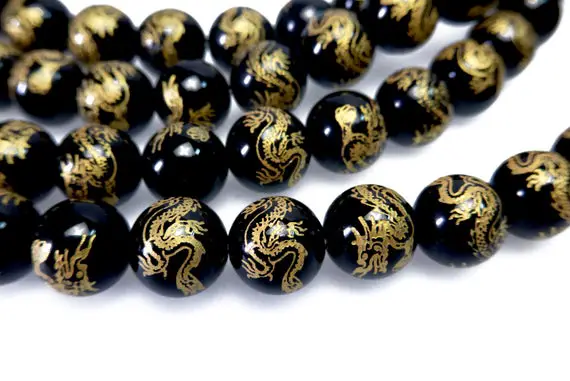 Black Onyx Golden Dragon Round Beads -  Onyx Gemstone Beads - Big Onyx Pattern Beads - Dragon Detail Beads - 8inch