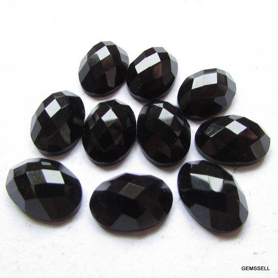 10x12mm Black Onyx Faceted Oval Checker Faceted Flat Stone Aaa Quality Gemstone, Black Onyx Oval Checker Gemstone